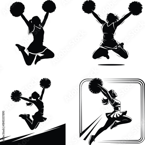 Cheerleader Silhouettes Jumping with Pom Poms Vector Set