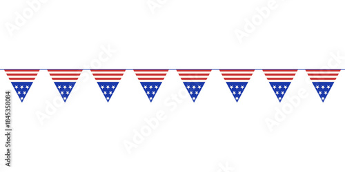 Vector illustration of triangle holiday Ribbon seamless border in color of America flag isolated transparent background. Perfect Ribbon for 4th of jully banner poster cover design. EPS 10