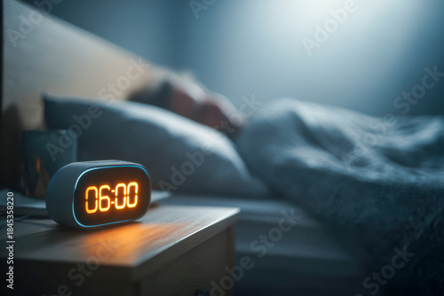 Digital alarm clock glowing six o'clock on a bedside table with person peacefully sleeping under blanket in dimly lit bedroom atmosphere