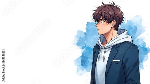 Stylish anime young man with blue watercolor splash