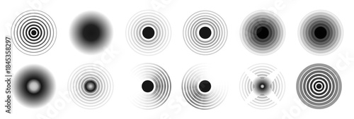 Black concentric circle. Sonar sound wave ring collection. Dotted and linear epicenter concept. Ripple radial vibration elements. Vector
