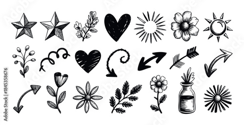 Set of handdrawn black and white graphic elements including stars, flowers, hearts, arrows, leaves, sun, and a vase for creative design projects and visual communication.