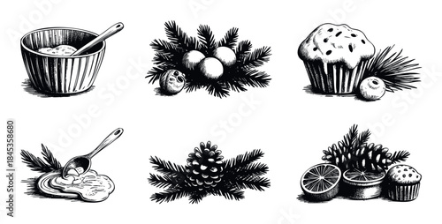 Hand drawn collection of festive Christmas elements including muffins, pine cones, oranges, pine branches, and sweet treats perfect for holiday invitations and seasonal decor.