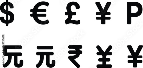 collection of global currency symbols including dollar, euro, pound, yen, ruble, and yuan icons, designed for financial graphics, banking interfaces, economic infographics, fintech apps, and 