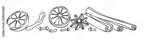 Line drawings of spices including orange slices, star anise, cinnamon sticks, and cloves for culinary use and beverage preparation