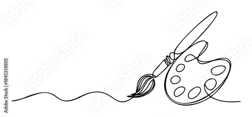 Minimalist line drawing of a painters palette and brush with a wavy line representing creativity or paint flow, ideal for graphic design and artrelated projects.