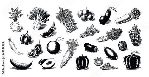 Engaging collection of black and white handdrawn vegetables and fruits, perfect for healthy eating promotions and foodrelated projects, offering versatile visual appeal.