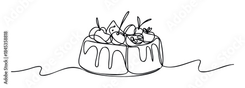 Simple continuous line drawing of a delightful cake topped with juicy cherries and berries, perfect for food blogs, party invitations, or bakery promotions.