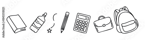 Collection of school supplies including a book, water bottle, pencil, calculator, briefcase, and backpack, ideal for educational and backtoschool promotions.