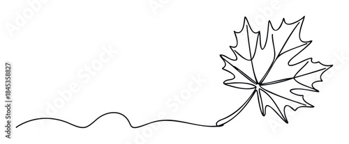 Minimalist single line drawing of a maple leaf with a wavy stem extending left, perfect for autumn themes and nature graphics.