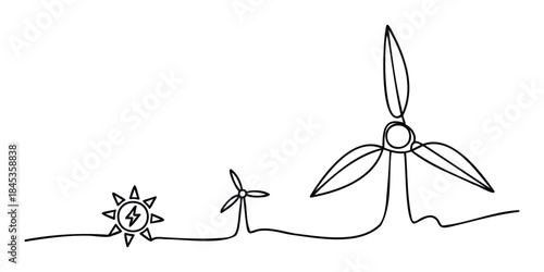 Renewable energy sources sun and wind turbines line drawing representing clean power generation for sustainable development initiatives and environmental awareness campaigns