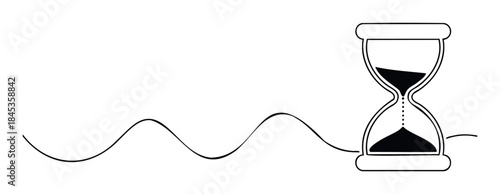 Minimalist hourglass with sand flowing down a wavy line symbolizing time passage, useful for concepts of urgency, deadlines, and temporal flow in various projects