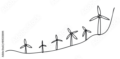 Series of wind turbines lined up on a rising slope showcasing renewable energy generation for sustainable power supply and eco friendly industrial growth.