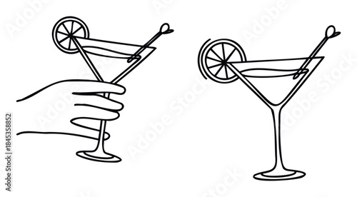 Hand holding martini glass with lime and cocktail pick, contrasted with another martini glass with lime and pick, perfect for refreshment or celebration concepts