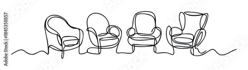 Minimalist black line drawing of four comfortable armchairs creating a unique composition, perfect for home decor inspiration or modern interior visuals.