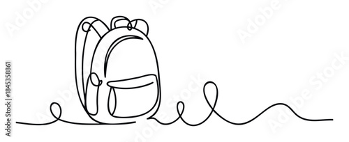 Minimalist single line drawing of a backpack with a flowing ribbon for school, travel, or educational concepts.