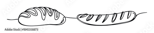 Minimalist single line drawing of two types of bread products, a croissant and a loaf, connected by a continuous line for bakery or food related concepts.