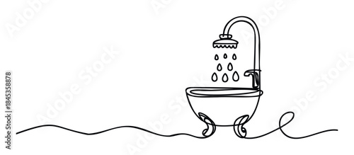 Line drawing of a clawfoot bathtub with a showerhead and falling water droplets, perfect for bathroom decor or hygienerelated concepts