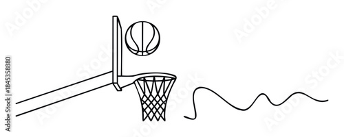 Line drawing of a basketball hoop with a ball in the air, ready to score, perfect for sports media, advertising, and game graphics.