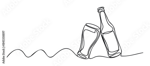 Continuous line drawing of a refreshing beverage in a glass with a bottle nearby, perfect for illustrating refreshment and leisure occasions for beverages and drinks.