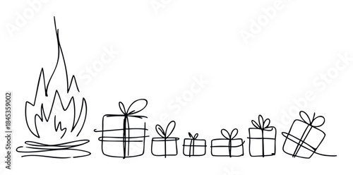 Line drawing of a bonfire with festive gift boxes arranged in ascending size, perfect for seasonal celebrations and holiday promotions