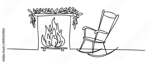 Cozy scene of a rocking chair beside a fireplace with flickering flames, perfect for conveying warmth and relaxation in home decor or lifestyle themes.