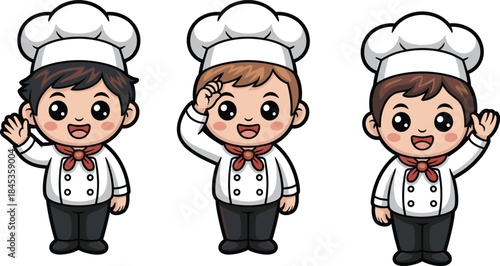 Cute chef character set vector illustration showing professional cook poses wearing uniform hat isolated white background cartoon style