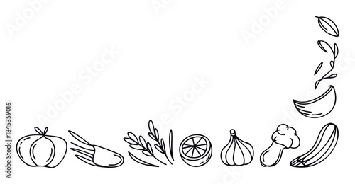 Hand drawn line art vegetables and herbs arranged along the bottom and right edges, perfect for foodrelated media or health and wellness projects needing a touch of organic charm