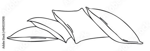 Hand drawn sketch of four plump pillows stacked and overlapping in a casual arrangement, perfect for sleep comfort or home decor concepts.