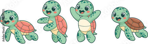 Cute baby turtle character set vector illustration showing adorable sea turtle poses isolated white background cartoon style