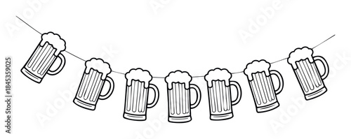Festive beer mug garland strung across for celebration, perfect for pubs, parties, holidays, and Oktoberfest events occasion decoration