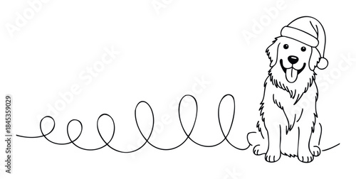 Whimsical line drawing of a happy golden retriever wearing a Santa hat and a playful curly tail on a plain background, perfect for festive greetings and holiday promotions