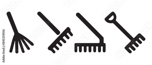 Rake Silhouette Icons. Fan, Garden, and Bow Rake Designs for Landscaping and Gardening Tools.