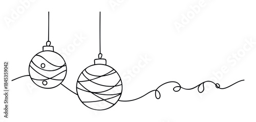 Minimalist single line drawing of festive Christmas ornaments hanging with a playful swirling ribbon perfect for holiday greeting cards and seasonal decor projects