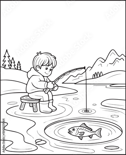 Cute boy fishing in outdoor scene with fishing rod black line art vector illustration coloring page for kids, Educational adventure activity book for children