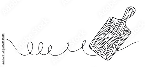 Hand drawn outline of a wooden chopping board with a continuous line flowing away suggesting movement and activity in a kitchen or food preparation setting for recipe or cooking themes