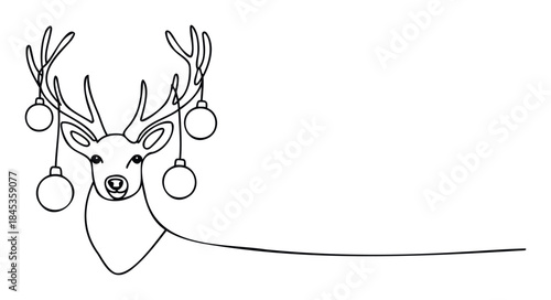 Whimsical line drawing of a reindeer with festive Christmas ornaments hanging from its antlers, perfect for holiday promotions and greeting cards, offering a charming visual for winter
