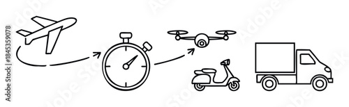 Conceptual graphic sequence shows airplane, stopwatch, drone, scooter, and truck representing logistics and delivery speed for businesses.