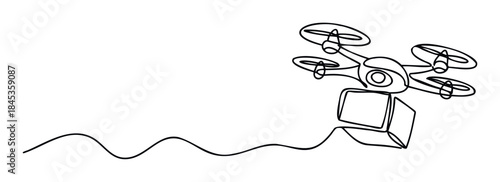 Drone delivering package with a wavy line trailing behind, perfect for logistics or technology concepts.