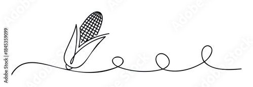 Minimalist single line drawing of a corn cob emerging from husks with flowing tendrils, symbolizing harvest and organic food for graphic use.