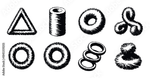 Collection of black and white textured geometric shapes and abstract forms with a furry or feathery appearance, suitable for graphic design projects and abstract compositions.