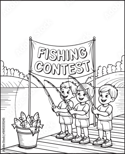 Cute boys fishing in outdoor scene with fishing rod black line art vector illustration coloring page for kids, Educational adventure activity book for children