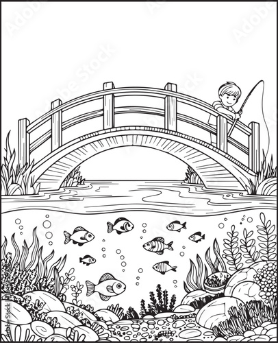 Cute boy fishing in outdoor scene with fishing rod black line art vector illustration coloring page for kids, Educational adventure activity book for children