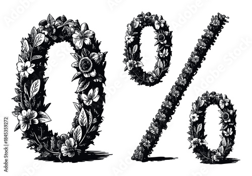 Floral zero percent symbols crafted from intricate black and white blossoms and leaves, perfect for spring sales and discount announcements.
