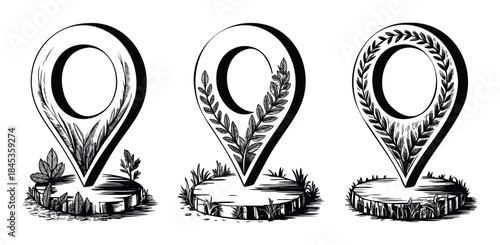 Three black and white location pin icons adorned with leafy branches and surrounded by grass and wood stumps for nature or travel related themes