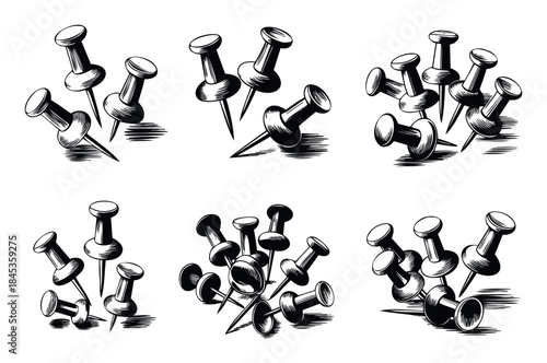 Collection of six classic drawing style pushpins in various arrangements, perfect for presentations, office supplies, and stationery concepts.