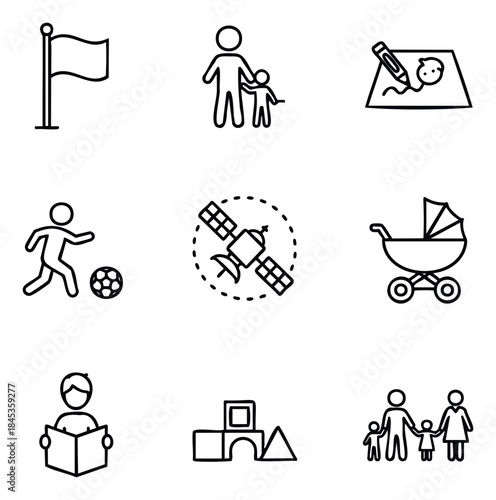 Set of nine simple line icons representing activities like playing soccer, family, reading, and space exploration for use in various applications