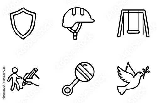 Collection of diverse icons representing safety, childhood, education, and peace for various graphic applications and symbols.