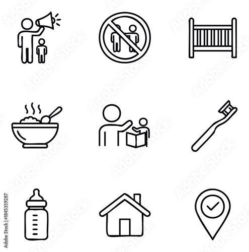 Collection of black and white line icons representing baby care, hygiene, and household themes, useful for digital platforms and print media.