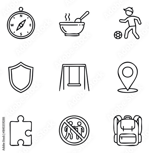 Set of nine icons depicting travel, activities, and school or play items, suitable for web use or presentations
